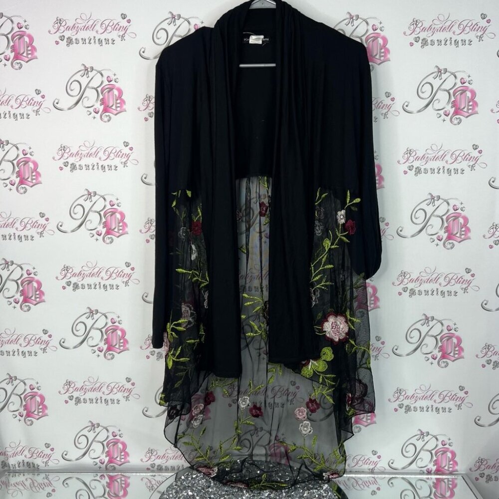 Kim & Cami cardigan flowy sheer mesh floral flowers Black Sheer Cardigan